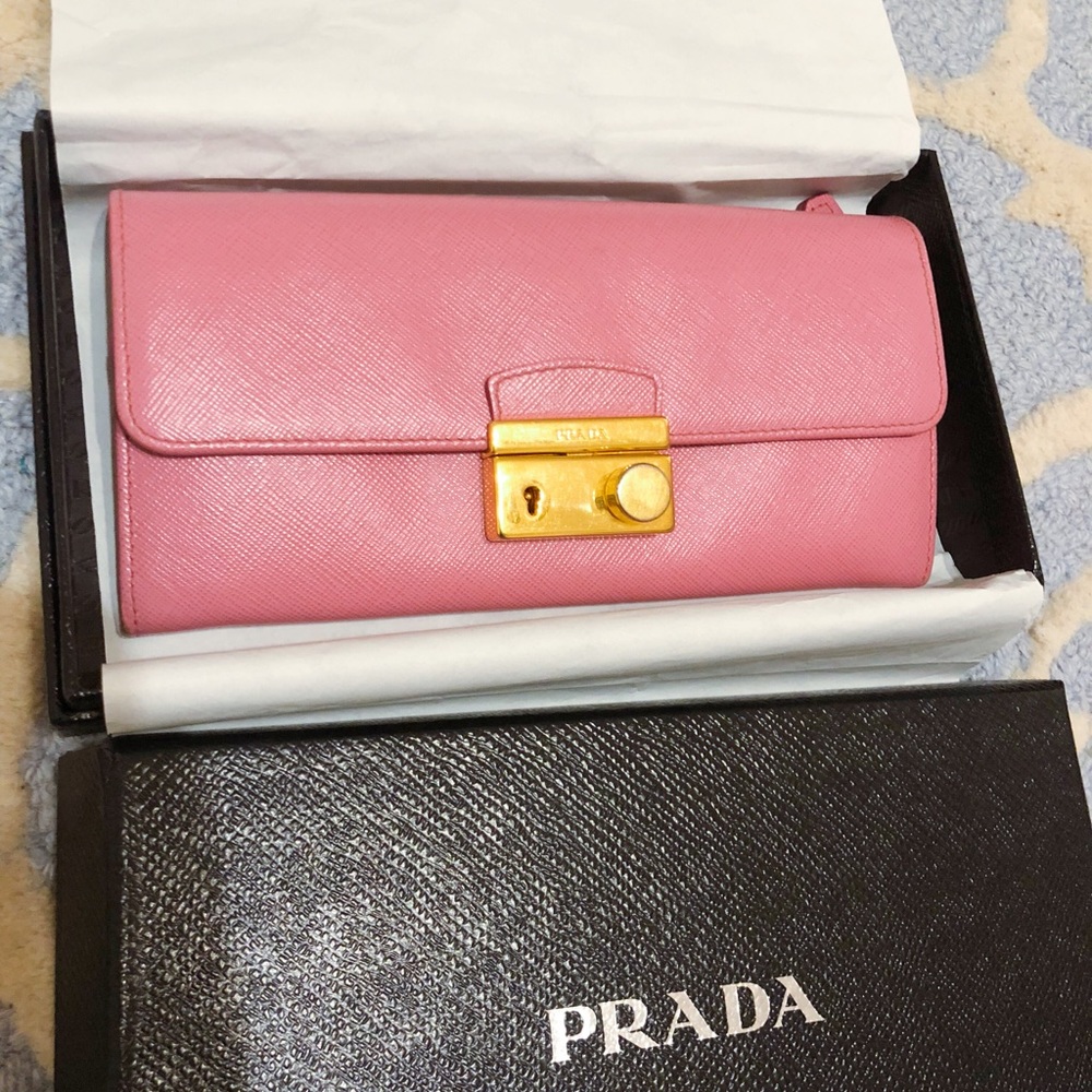 Authentic Prada Saffiano Lock Wallet in Begonia